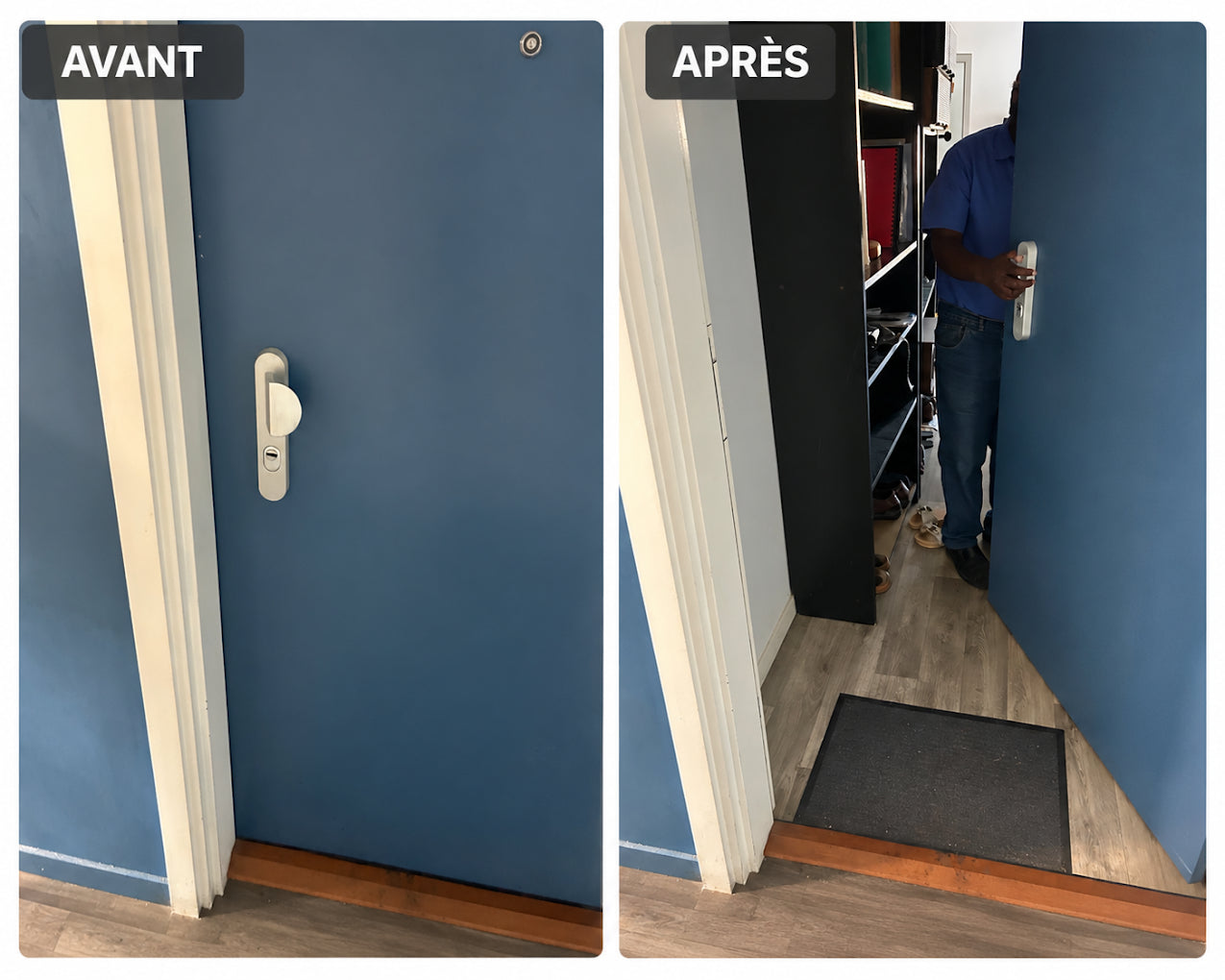 Avant après ouverture de porte par serrurier à Paris